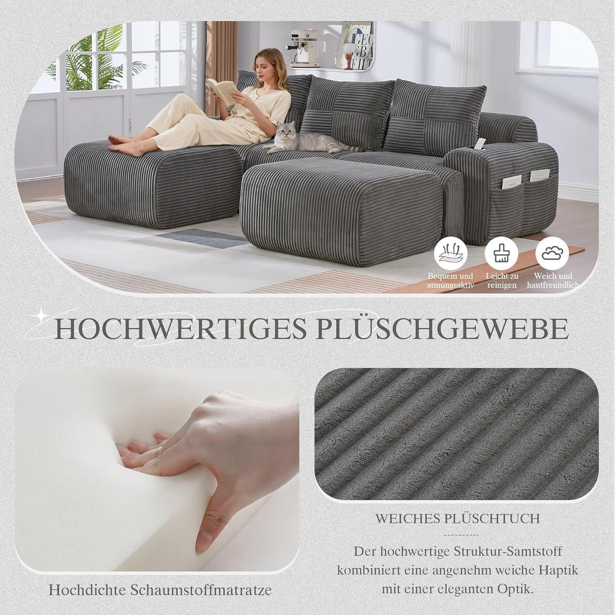 Modulares Cord Sofa 3-Sitzer mit Hockern & Stauraum