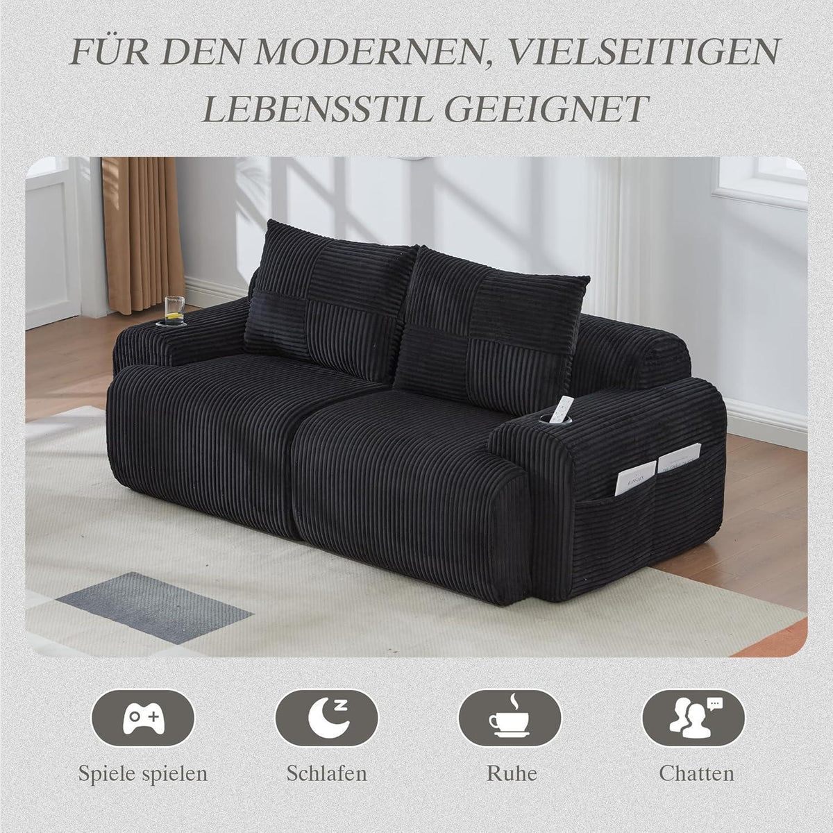 2-Sitzer Cord Sofa mit Getränkehalter & Tasche – Schwarz