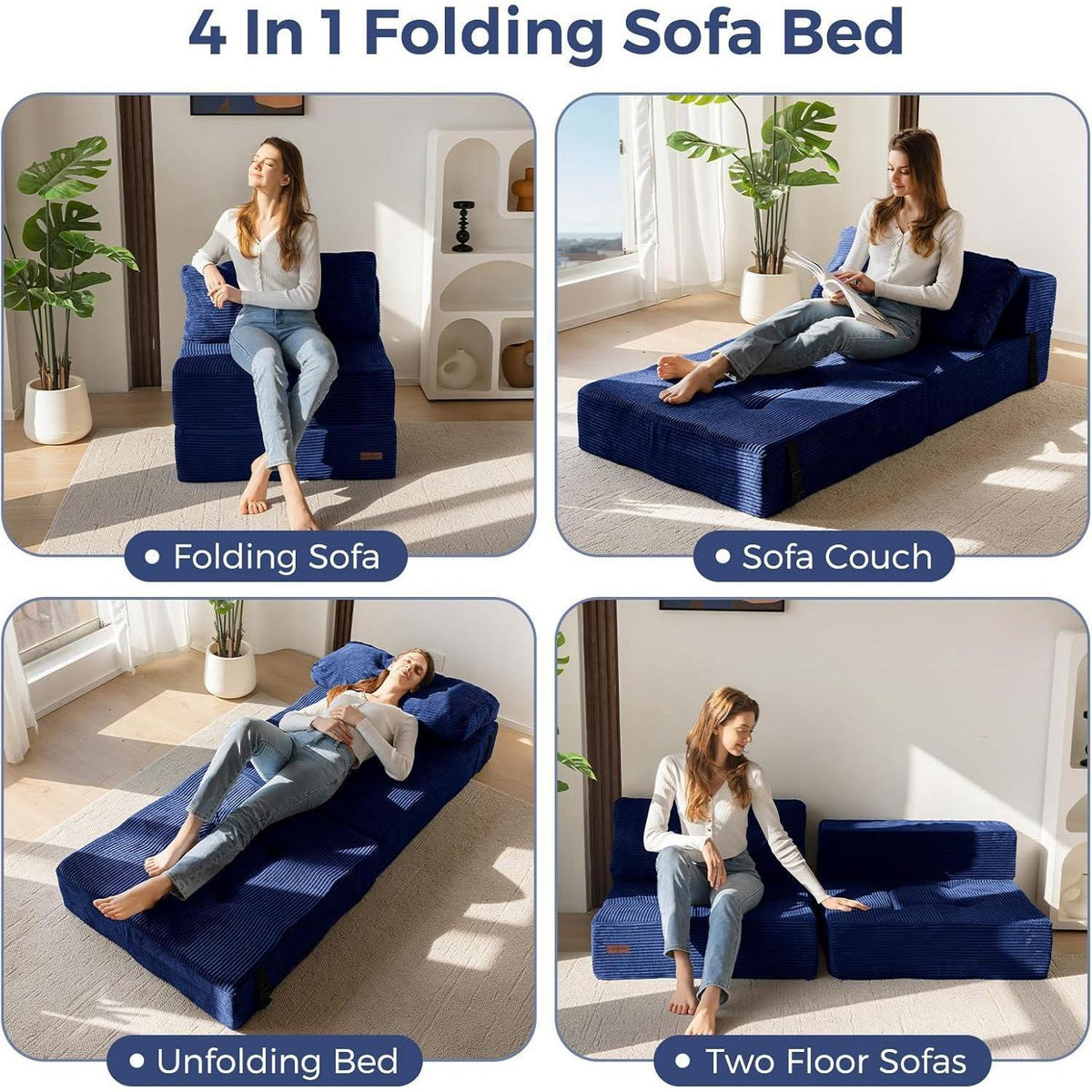 Klappsofa mit Schlaffunktion – Blau, 160x80x40cm