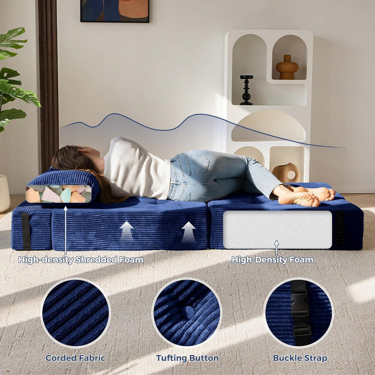 Klappsofa mit Schlaffunktion – Blau, 160x80x40cm