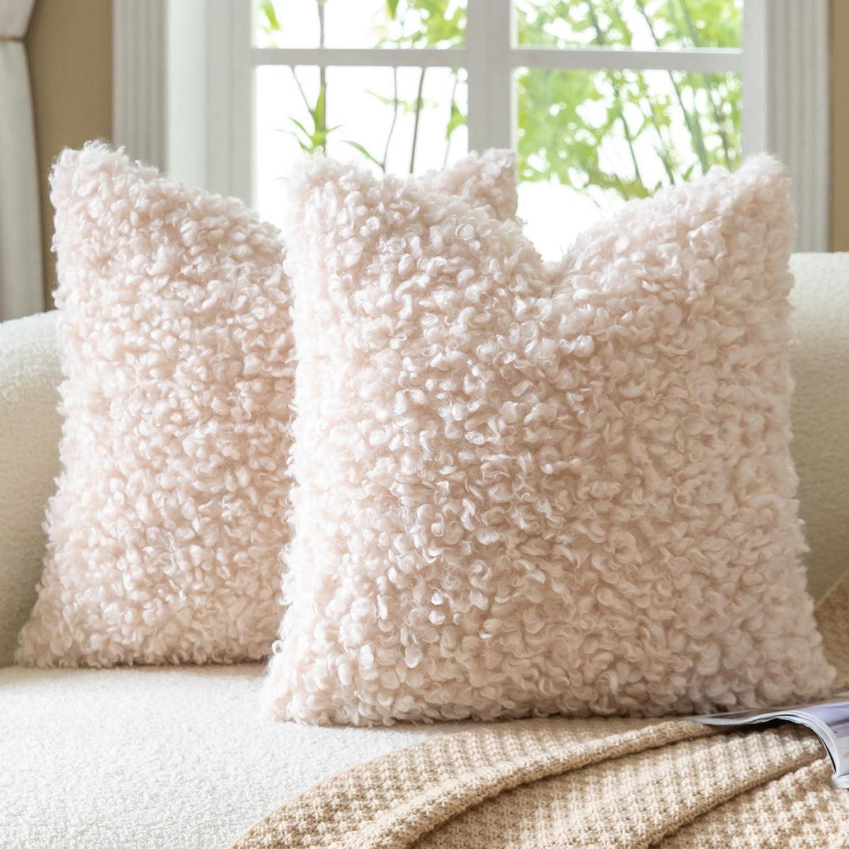 2x Kissenbezug 40x40 cm Aprikosenbeige Faux Pelz Bouclé