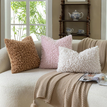 2x Kissenbezug 45x45 cm Creme Bouclé Faux Fell