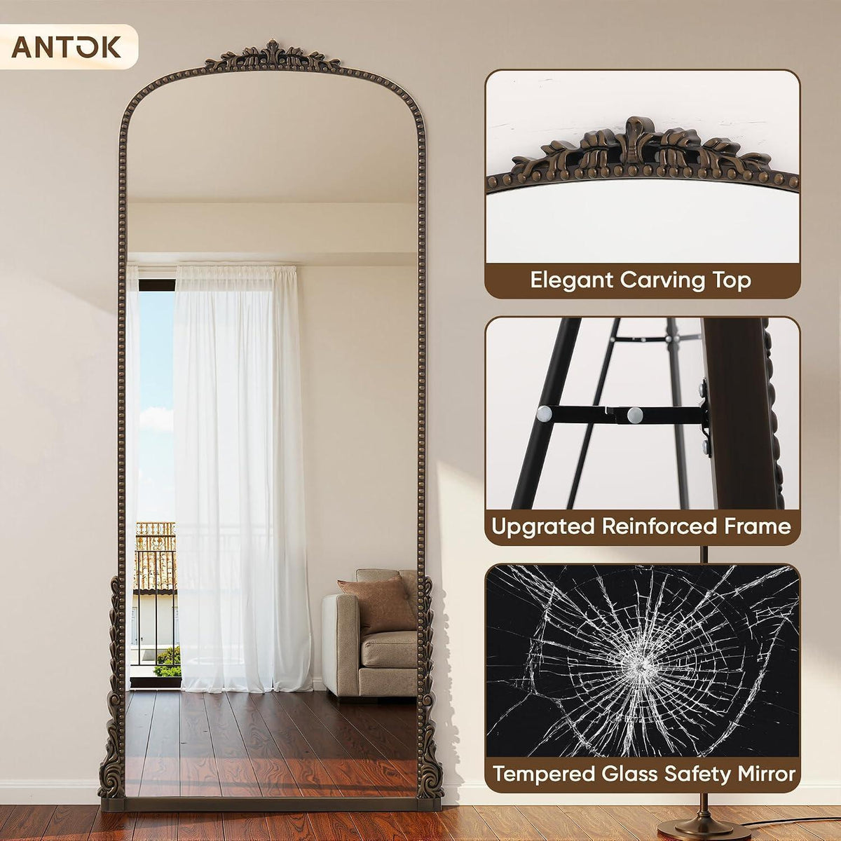 Vintage Standspiegel 205x105cm Bronze – HD Glas Bogen Spiegel