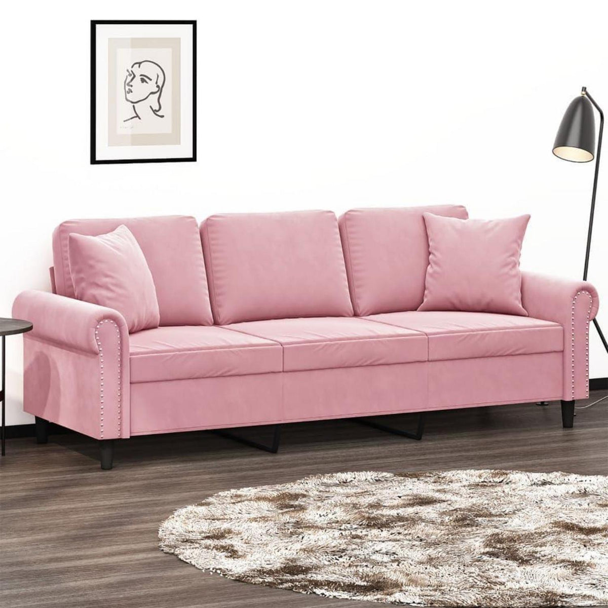 Rosa Samt Sofa mit Armlehne – 3-Sitzer Couch 180cm