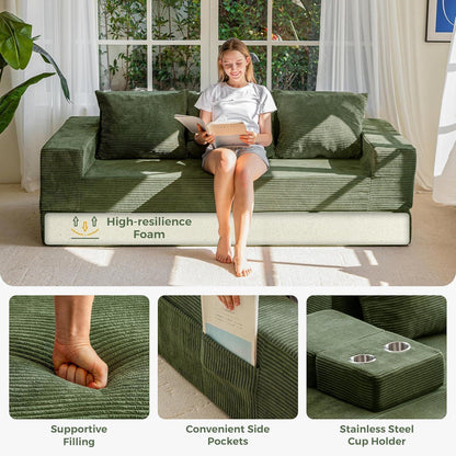 Bequemes Cord Schlafsofa mit Getränkehaltern