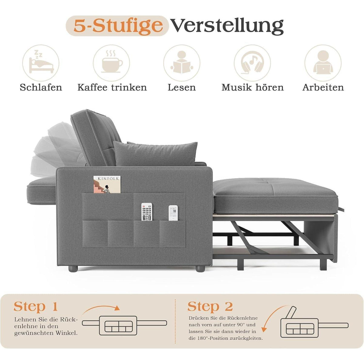 Schlafsofa 186x122cm – Verstellbare Schlafcouch mit Kissen & Stauraum