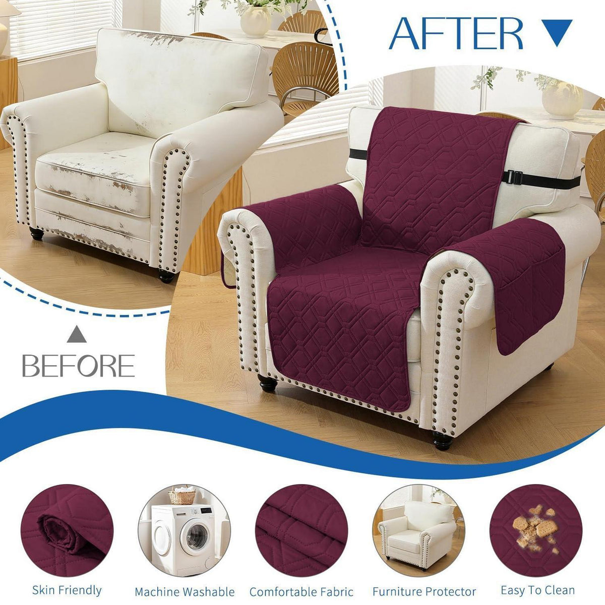 Sofaüberwurf 1-Sitzer Burgunderrot (60cm) – Rutschfest & Praktisch