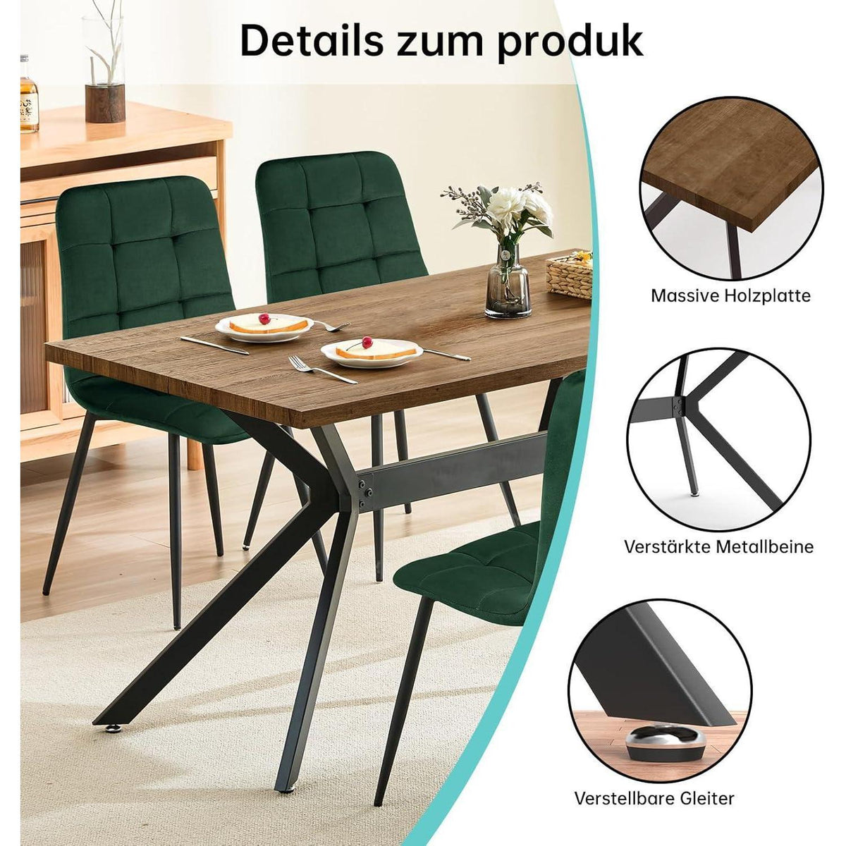 Esstisch Set Dunkelgrün & Dunkelholz | 140x80cm Tisch + 4 Stühle