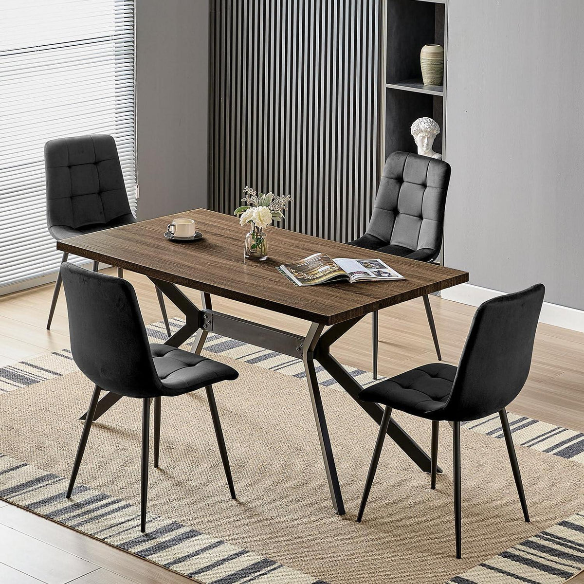 Esstisch Set Dunkelholz mit 4 Samtstühlen 140x80cm