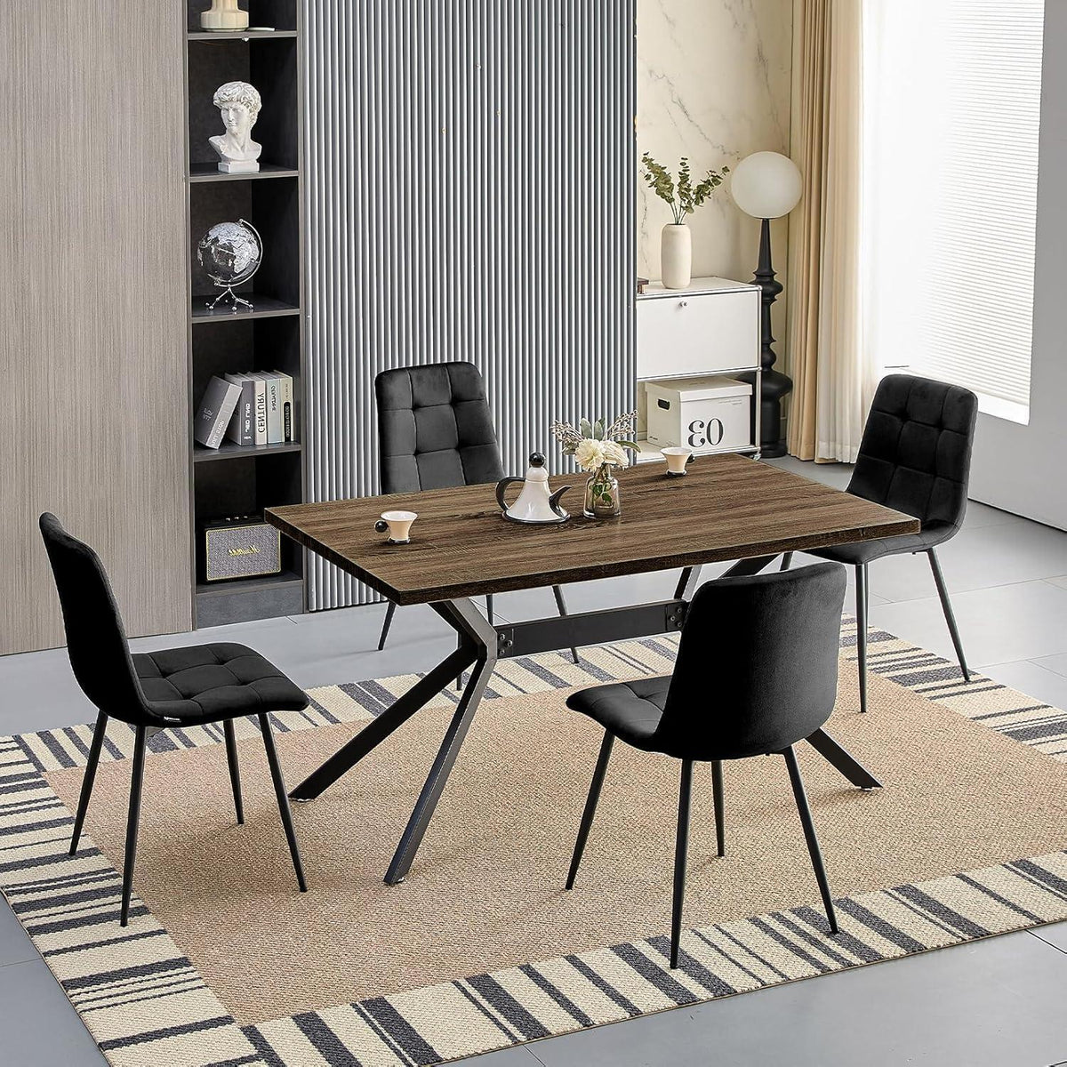 Esstisch Set Dunkelholz mit 4 Samtstühlen 140x80cm