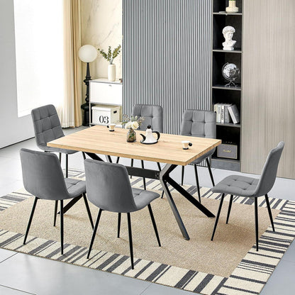 Esstisch Set mit 6 Samtstühlen – Helles Holz 140x80cm