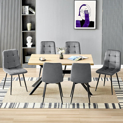 Esstisch Set mit 6 Samtstühlen – Helles Holz 140x80cm