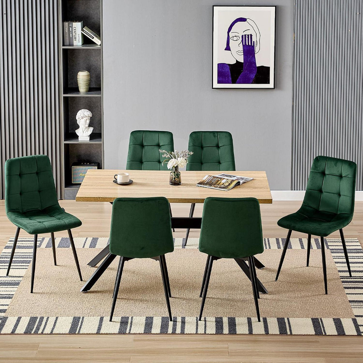Esstisch Set mit 6 Samtstühlen – Helles Holz 140x80cm