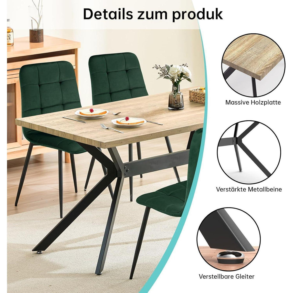 Esstisch Set mit 6 Samtstühlen – Helles Holz 140x80cm