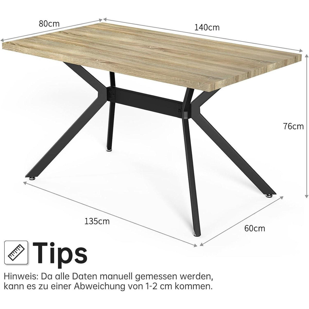Esstisch Set mit 6 Samtstühlen – Helles Holz 140x80cm