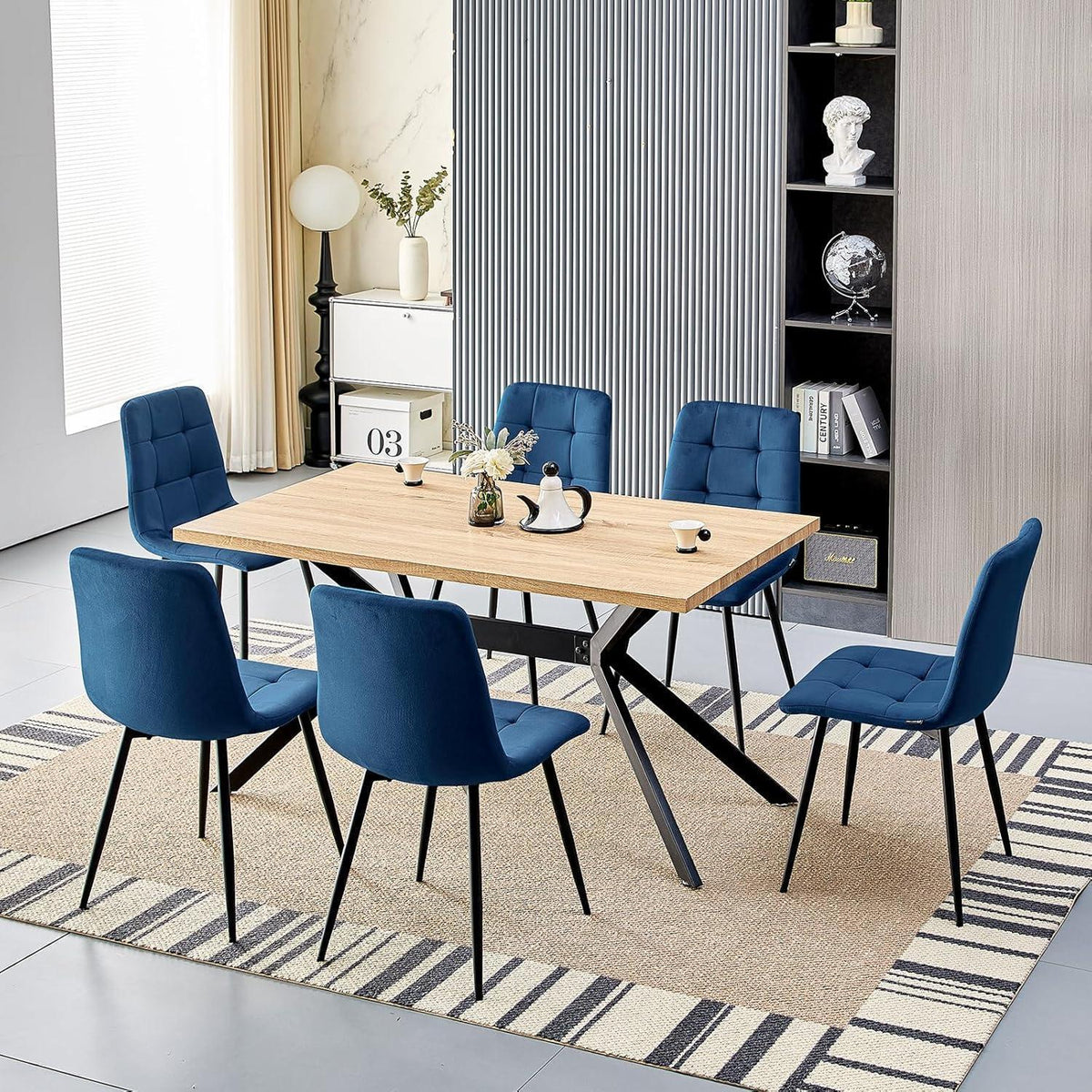 Esstisch Set mit 6 Samtstühlen – Helles Holz 140x80cm