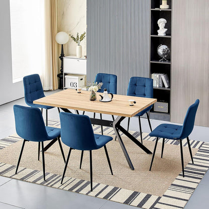 Esstisch Set mit 6 Samtstühlen – Helles Holz 140x80cm