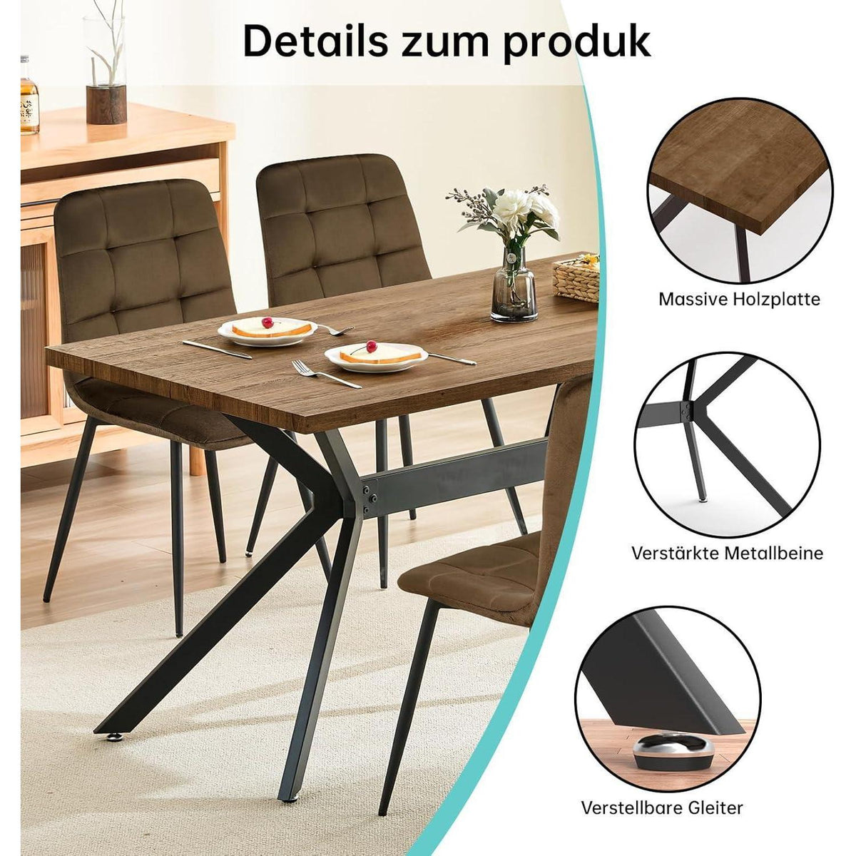 Esstisch Set Dunkelholz mit 4 Samtstühlen 140x80cm