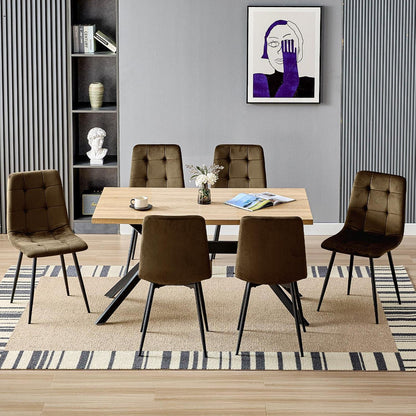 Esstisch mit 6 Samtstühlen – Helles Holz 140x80cm