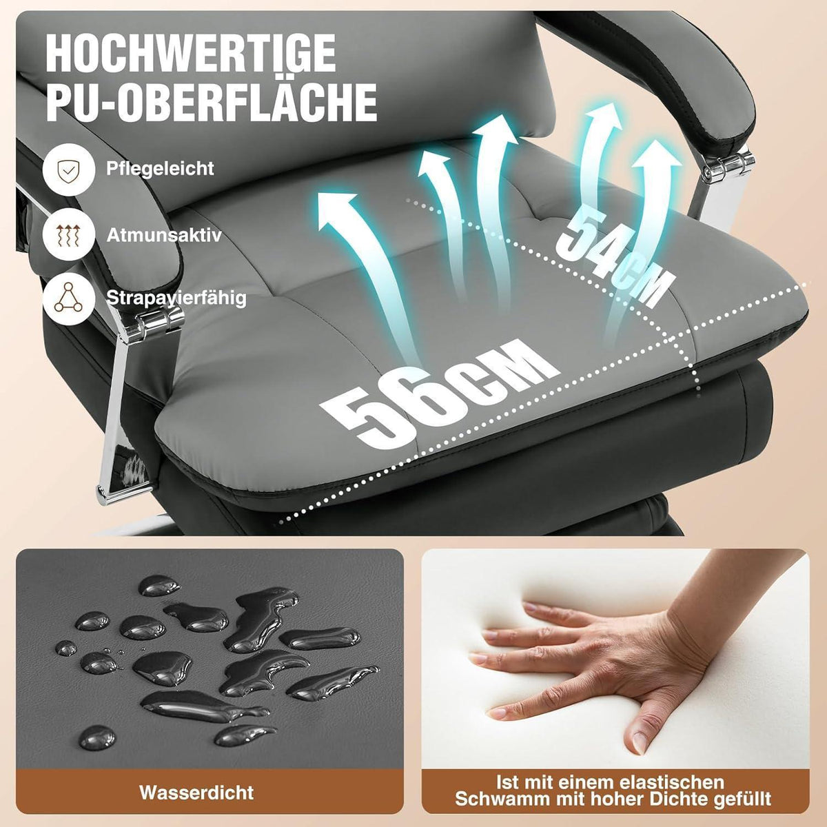 Ergonomischer Bürostuhl mit Fußstütze & Lendenwirbelstütze, Grau