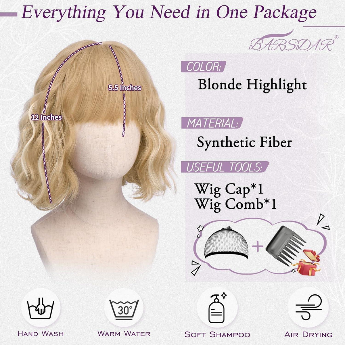 Kurze gewellte Blond Perücke mit Pony – French Bob 30cm