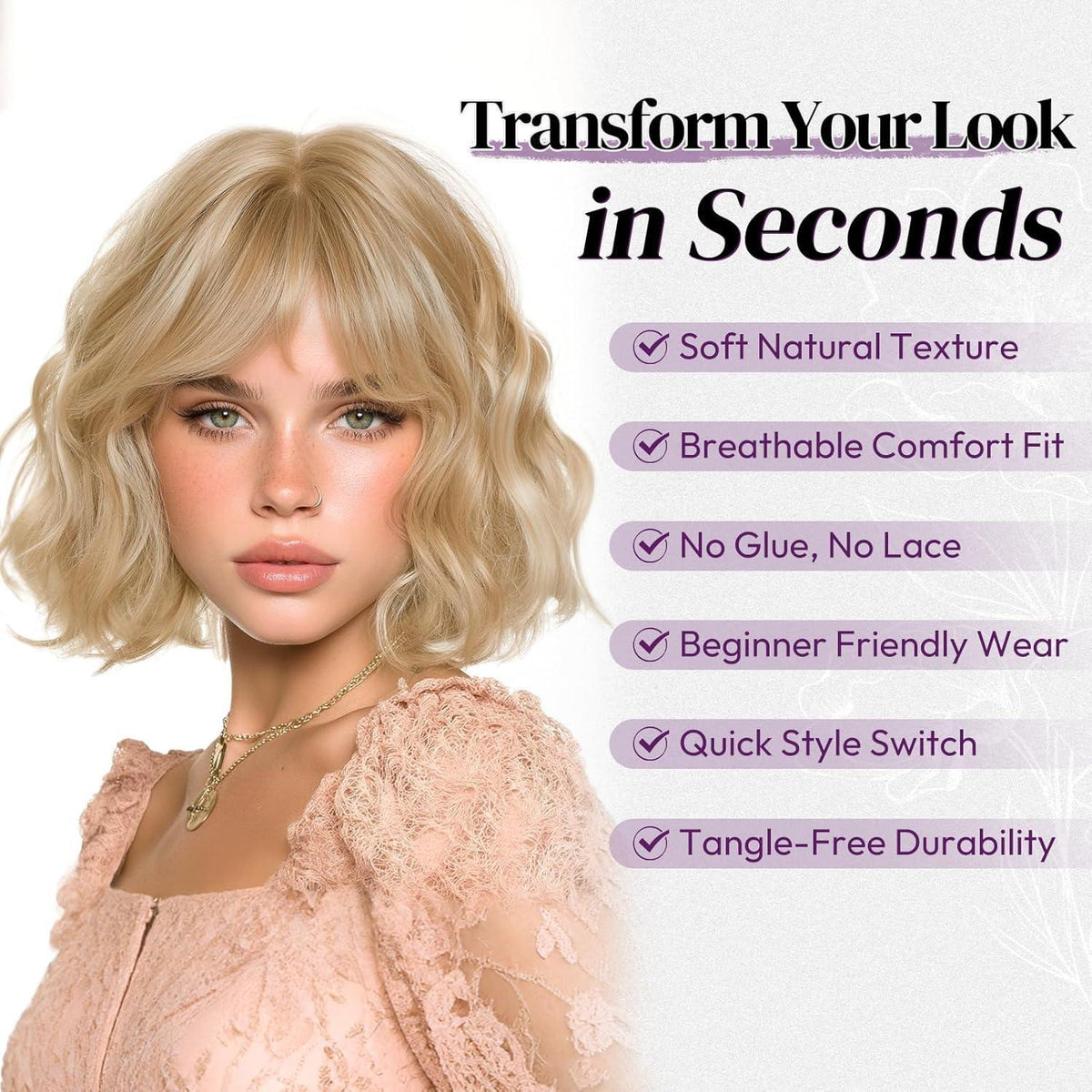 Kurze gewellte Blond Perücke mit Pony – French Bob 30cm