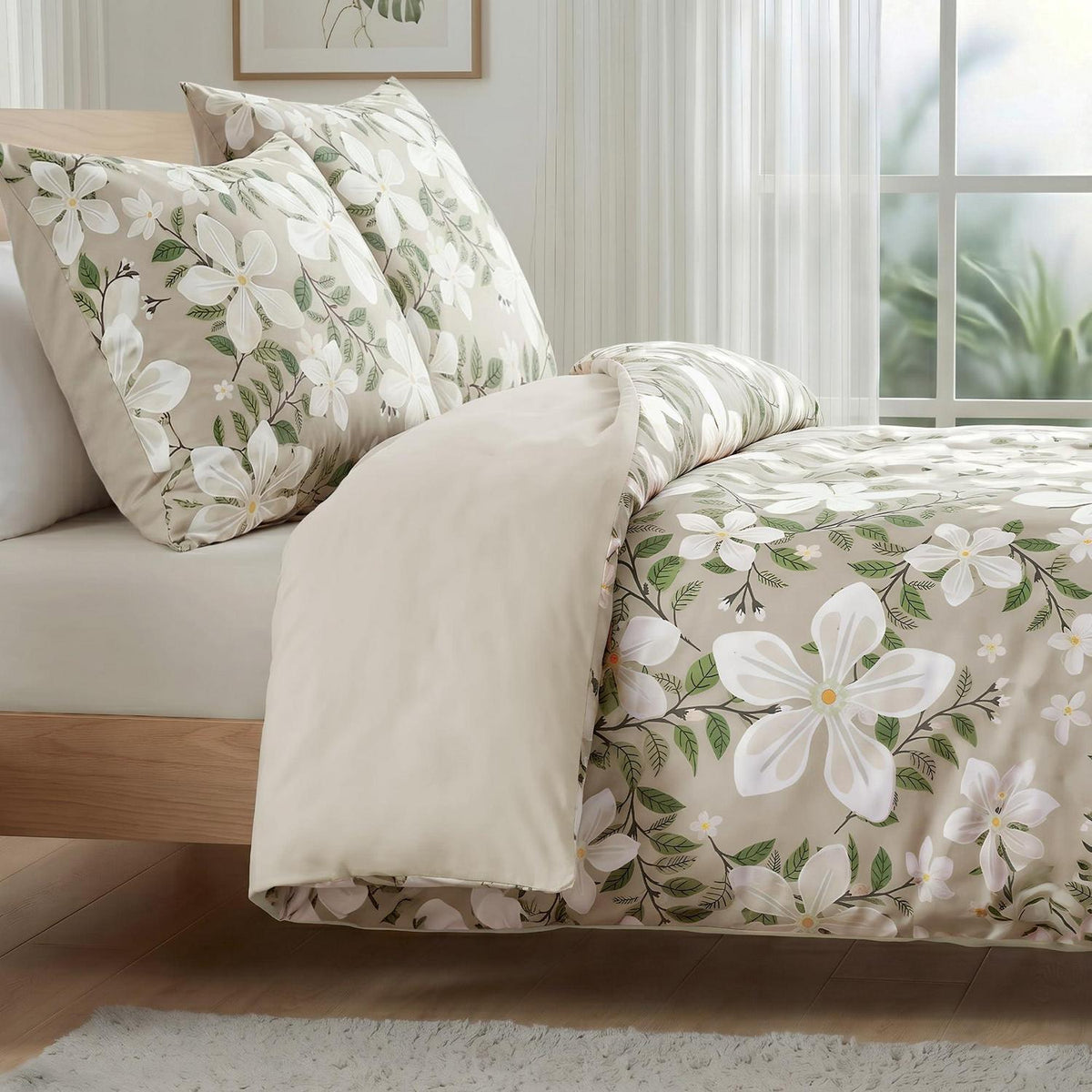 Blumen Bettwäsche Set 200x200 cm Beige Mikrofaser