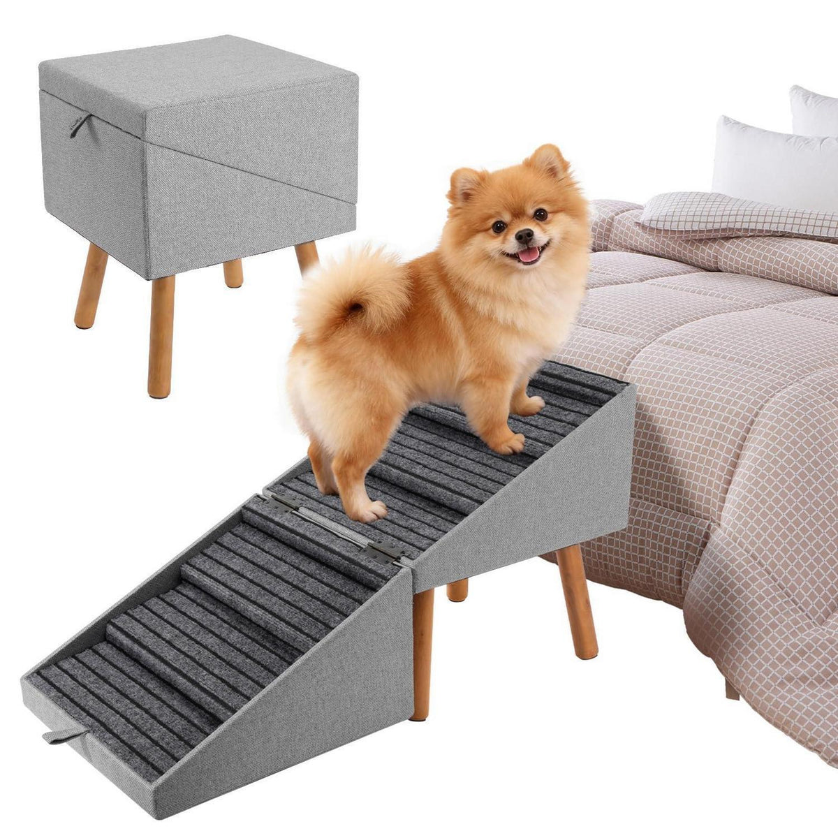 Hunde Treppe 6 Stufen – Klappbar & Ottoman Design (Hellgrau)