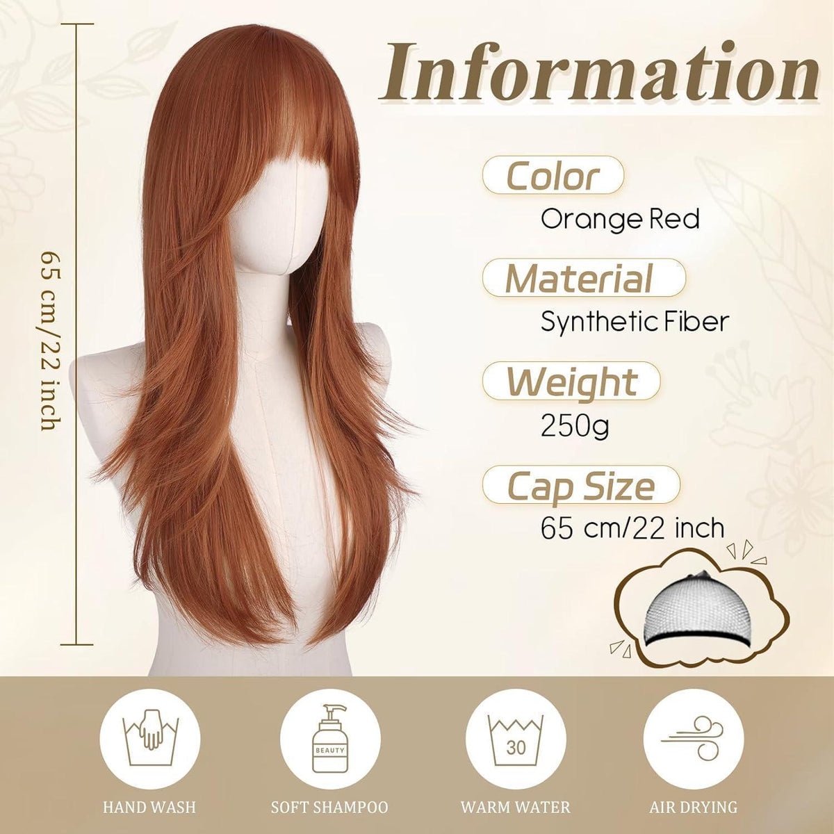 Lange Gerade Perücke Orangerot mit Pony – 65 cm Synthetikhaar