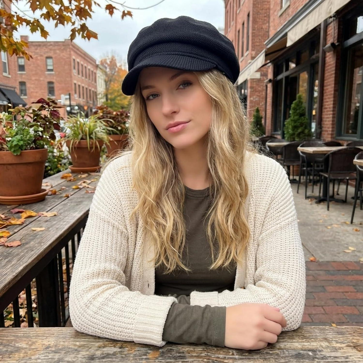 Damen Schirmmütze Leinenimitat Flat Top Cap Schwarz