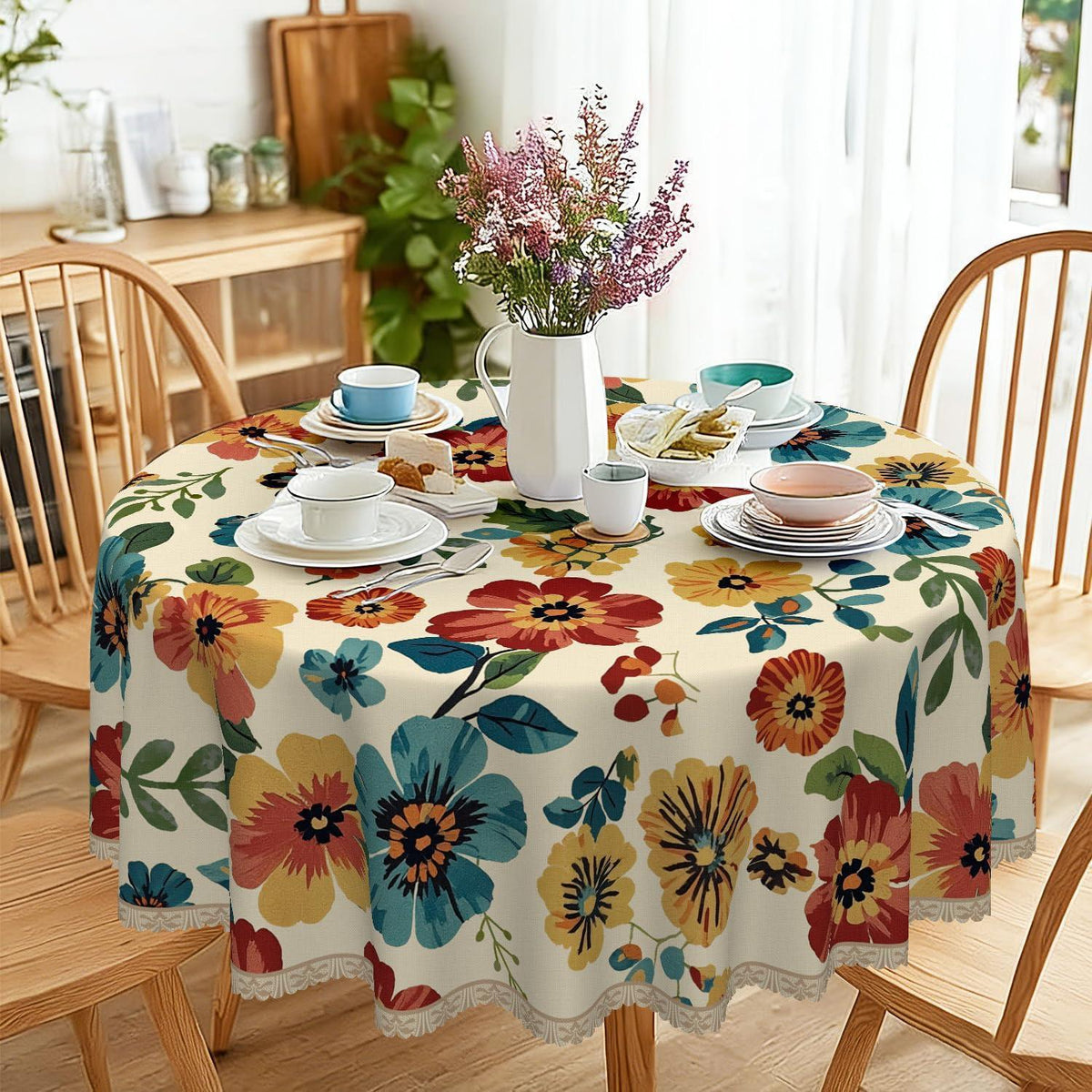 Runde Tischdecke 140 cm Vintage Wildblume | Wetterfest & Abwaschbar