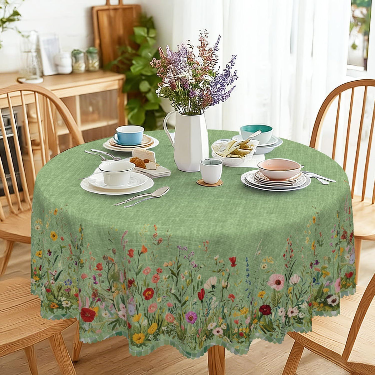 Runde Tischdecke 140 cm – Wetterfest & Grün Blumenmuster