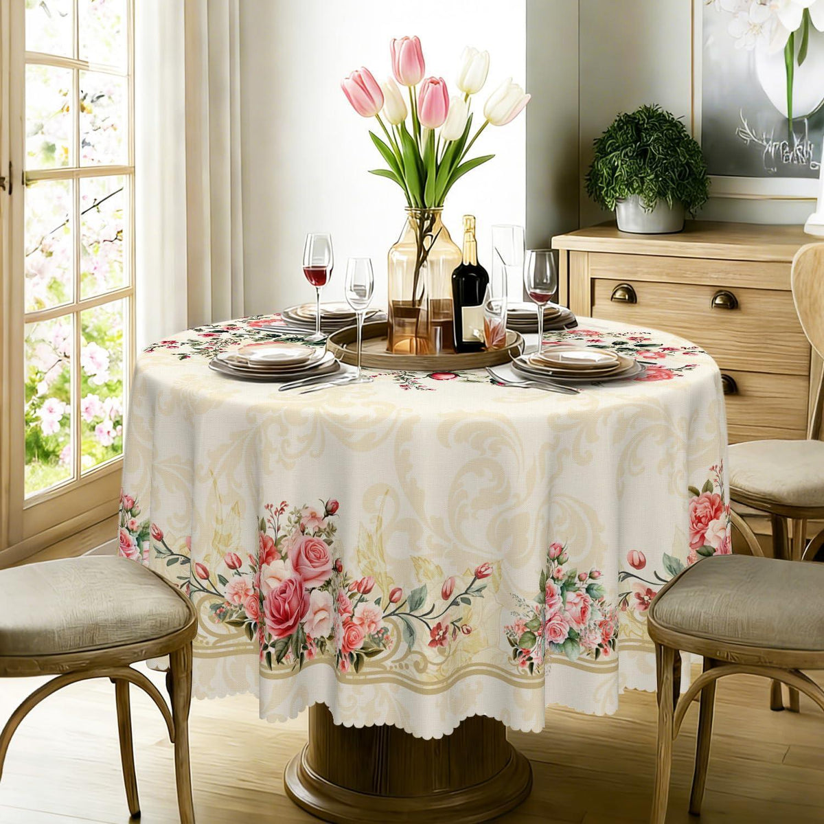 Runde Tischdecke 140 cm Rosenmuster | Wetterfest & Abwaschbar