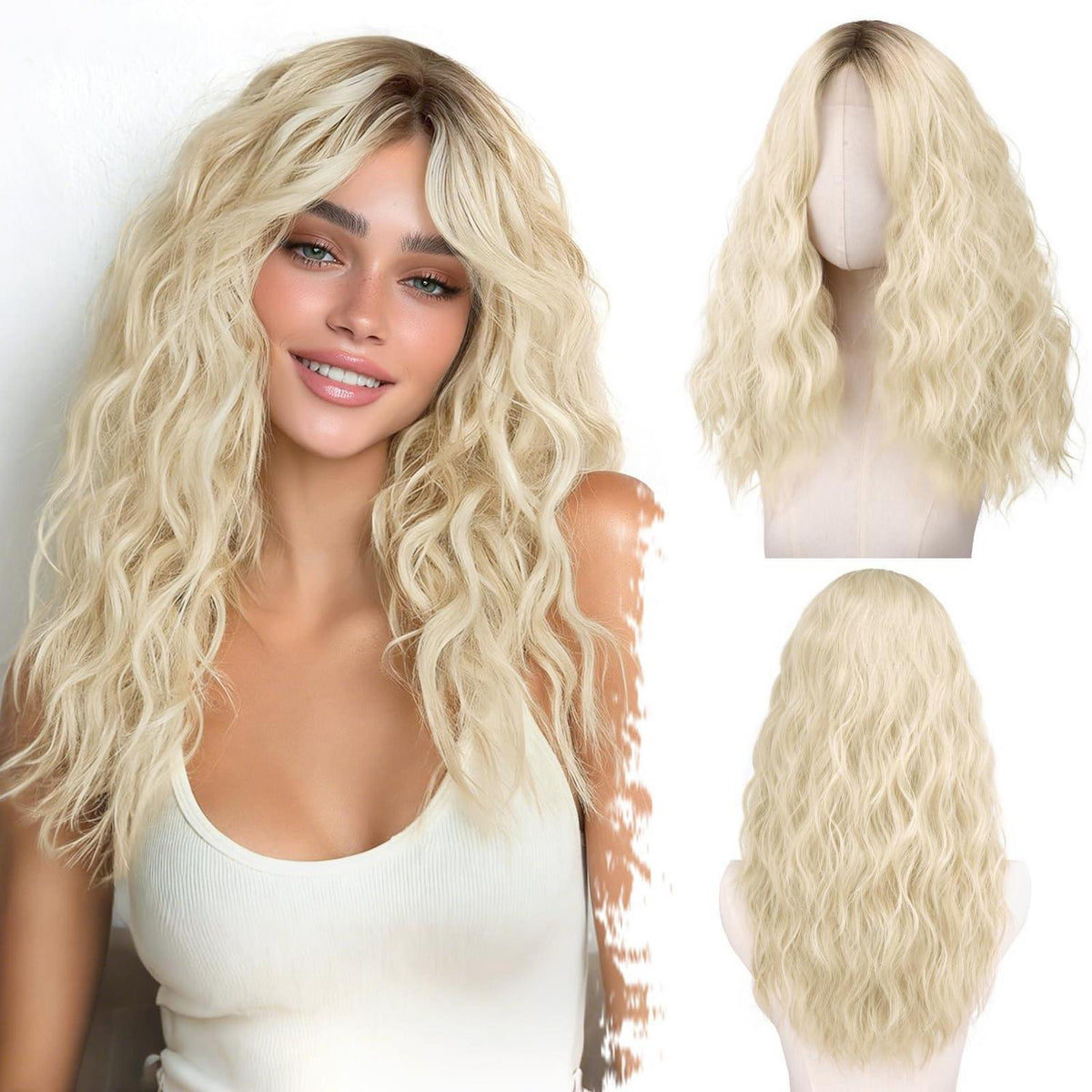 Blond Ombre Welle Perücke mit Pony – 50cm Synthetik Perücke