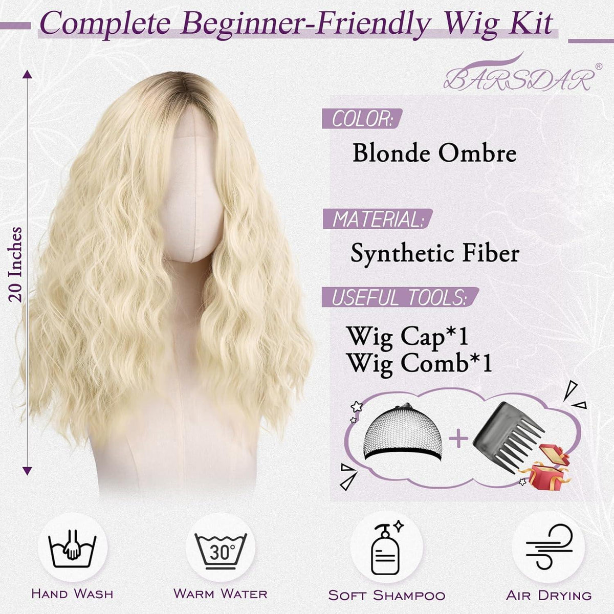 Blond Ombre Welle Perücke mit Pony – 50cm Synthetik Perücke