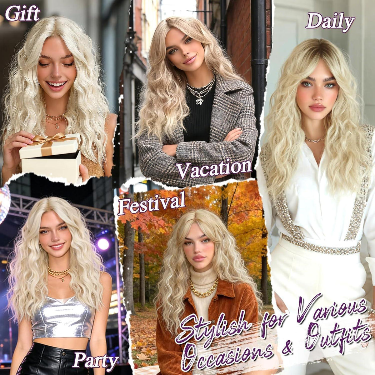 Blond Ombre Welle Perücke mit Pony – 50cm Synthetik Perücke