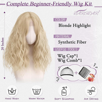 Blond Highlight Welle Perücke – Mittel Lang, 50cm, Synthetisch