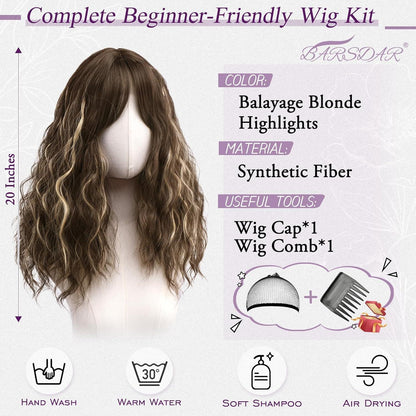 Lockige Balayage Blond Perücke – Mittel Lang mit Pony