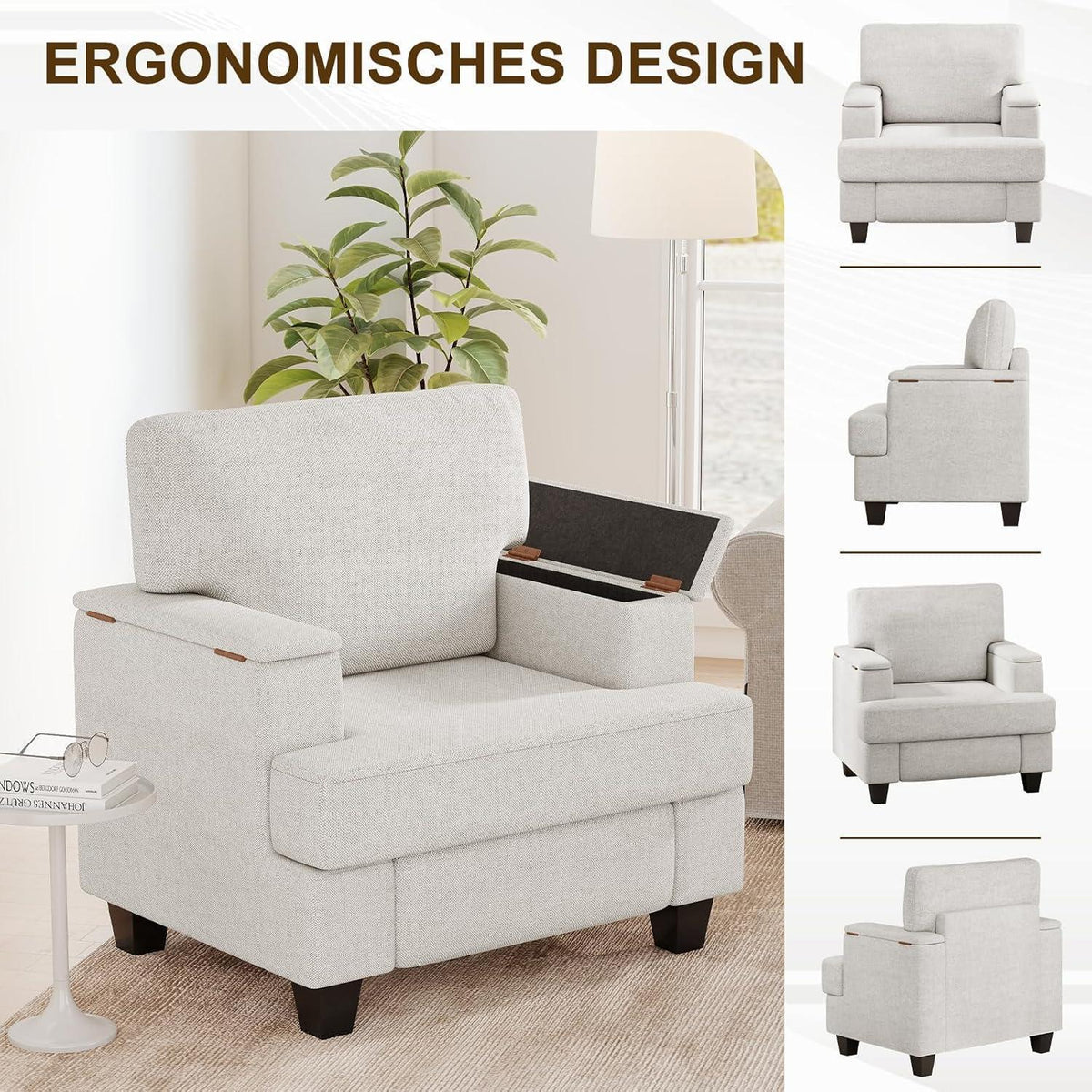 2er Set Ohrensessel mit Stauraum & Kissen – Weiß