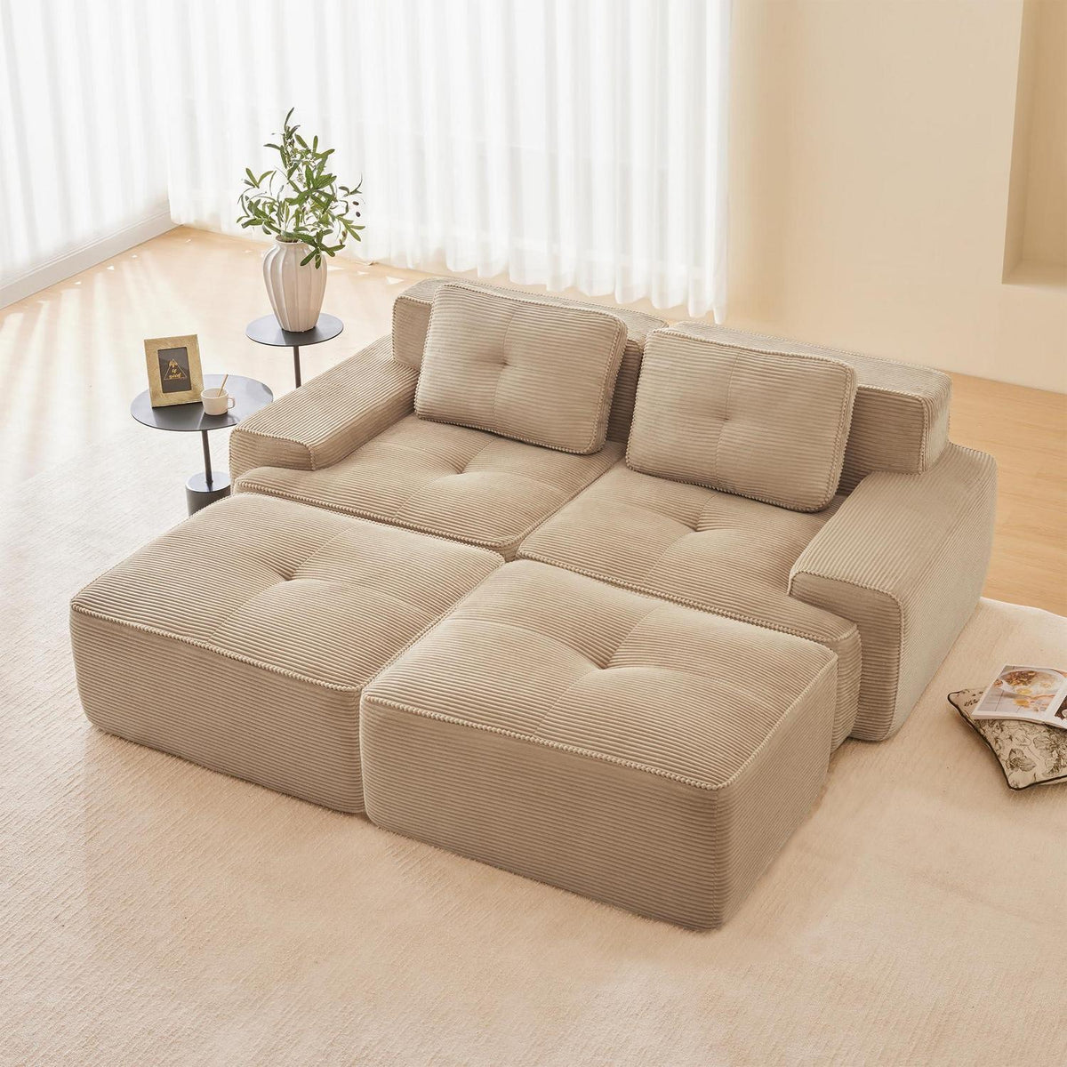 Modularer 2-Sitzer Cord Sofa mit Hockern – Tiefsitz & Komfort
