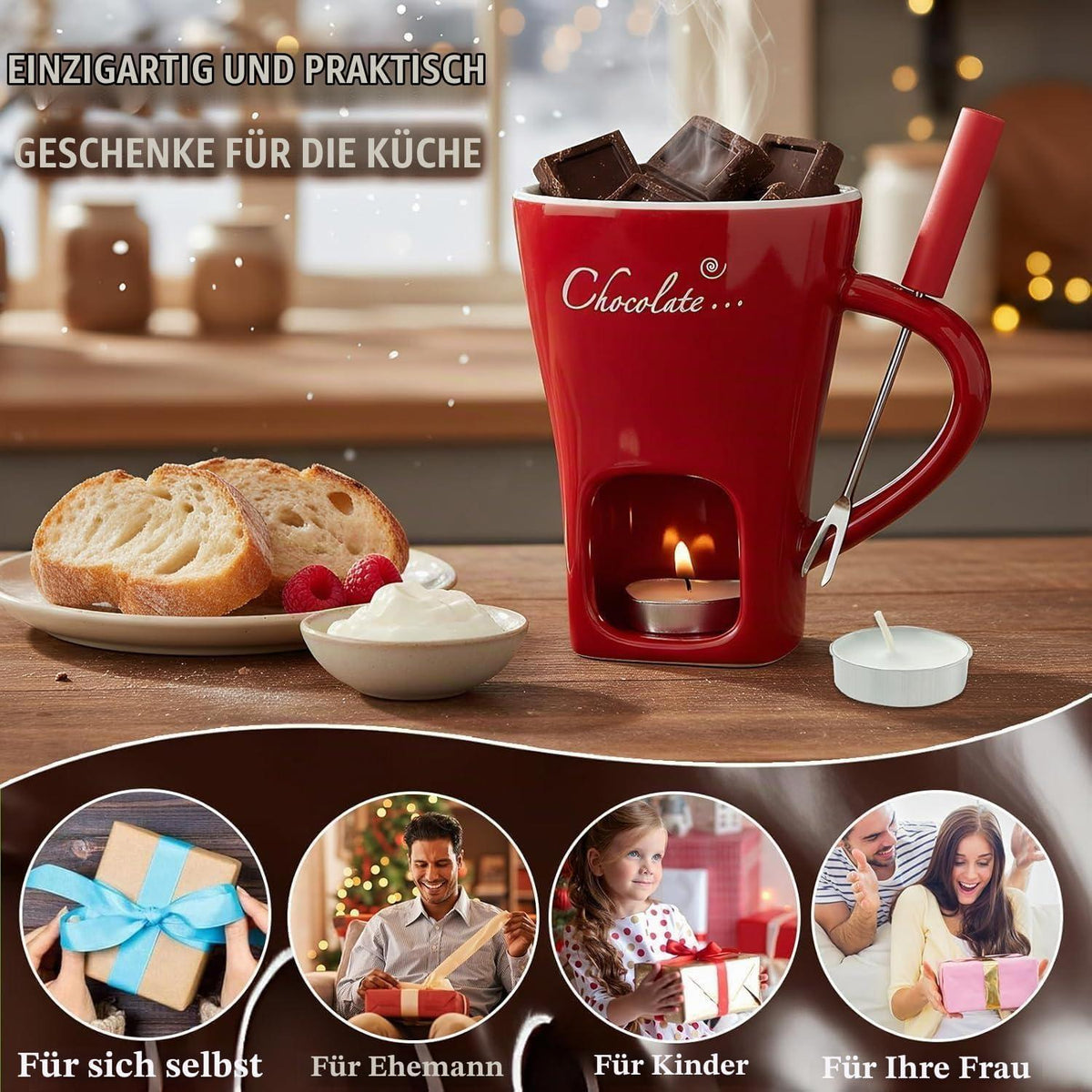 Schokofondue Tasse Set mit Gabel & 6 Teelichtern – Keramik