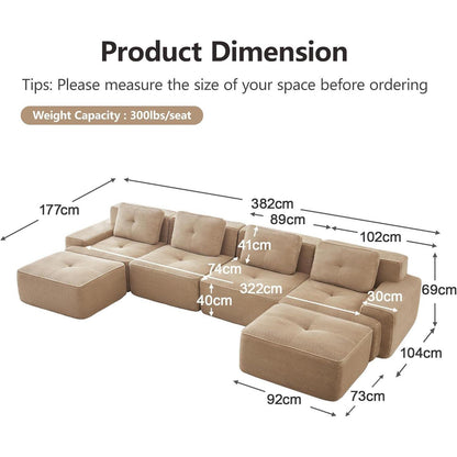 Modulares Cord Sofa 4-Sitzer mit Hockern – Beige Tiefsitz Eckcouch