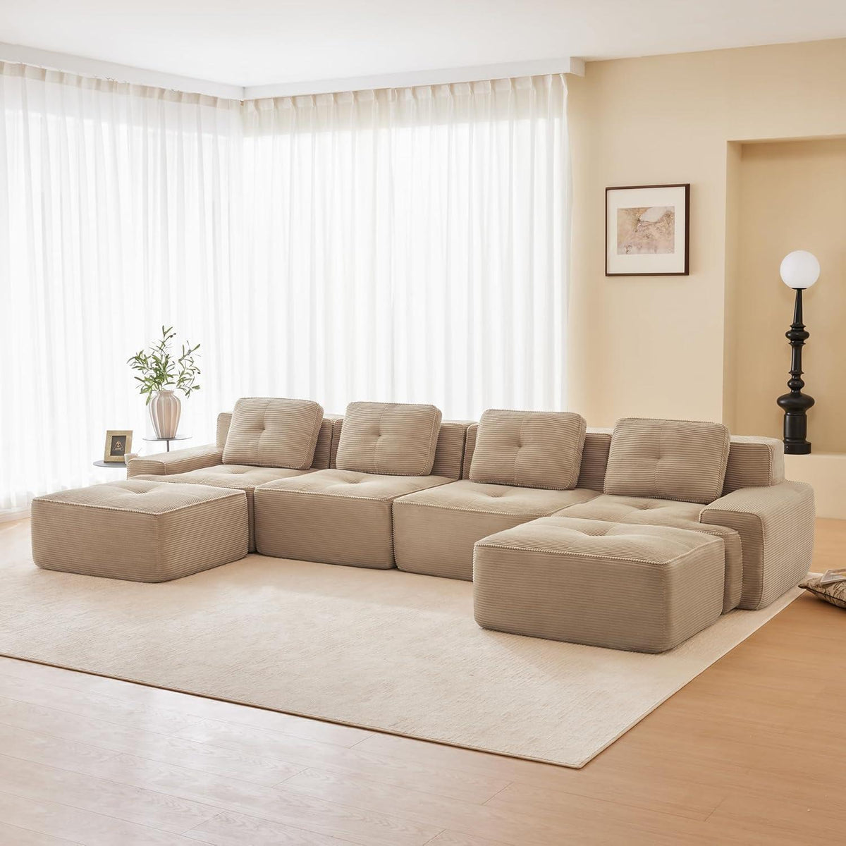 Modulares Cord Sofa 4-Sitzer mit Hockern – Beige Tiefsitz Eckcouch
