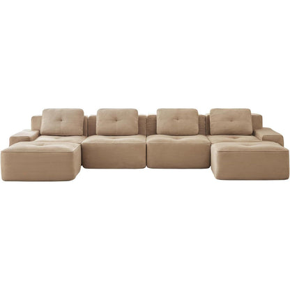 Modulares Cord Sofa 4-Sitzer mit Hockern – Beige Tiefsitz Eckcouch
