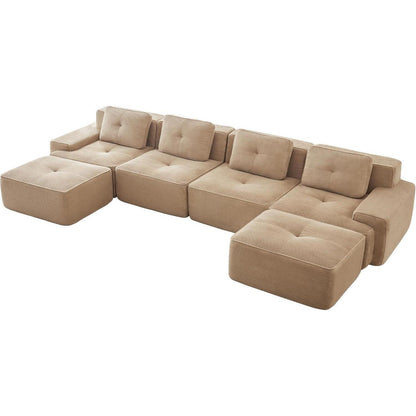 Modulares Cord Sofa 4-Sitzer mit Hockern – Beige Tiefsitz Eckcouch