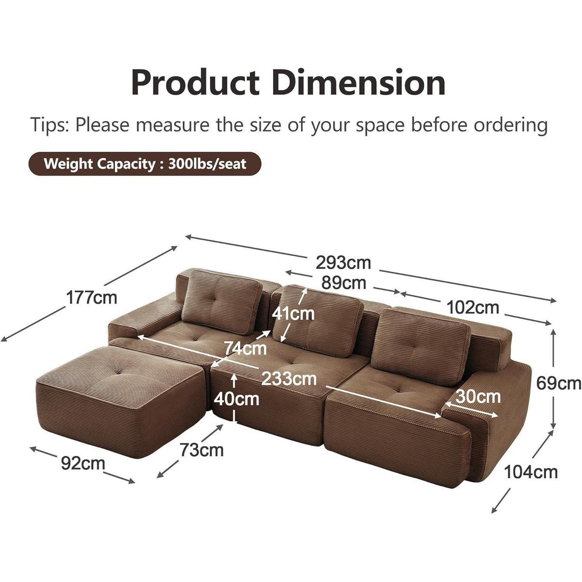 Modularer 3-Sitzer Cord Sofa mit Hocker – Tiefsitz & Komfort