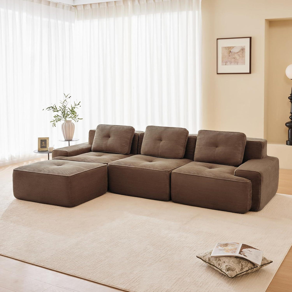 Modularer 3-Sitzer Cord Sofa mit Hocker – Tiefsitz & Komfort