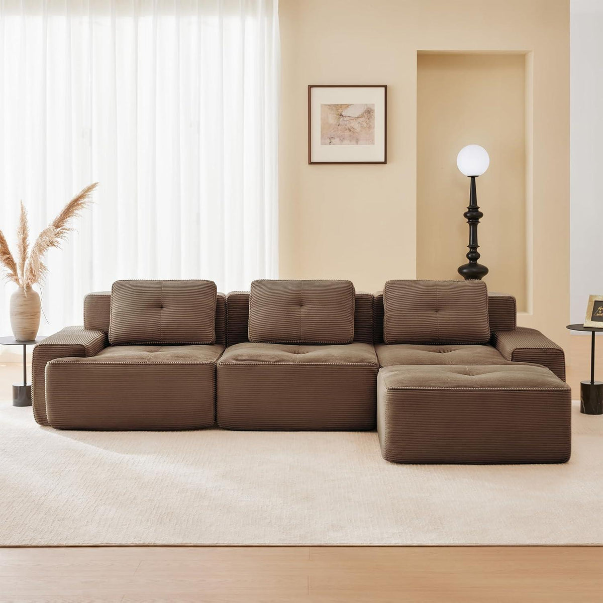 Modularer 3-Sitzer Cord Sofa mit Hocker – Tiefsitz & Komfort
