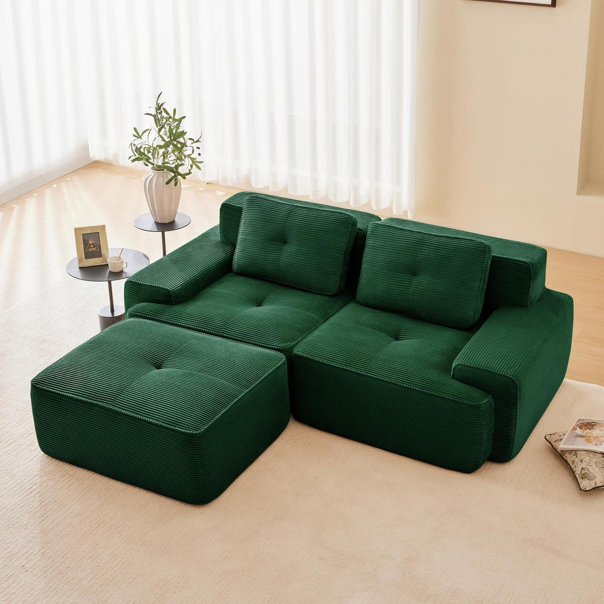 Modularer 2-Sitzer Cord-Sofa mit Hocker – Tiefsitz & Flexibel