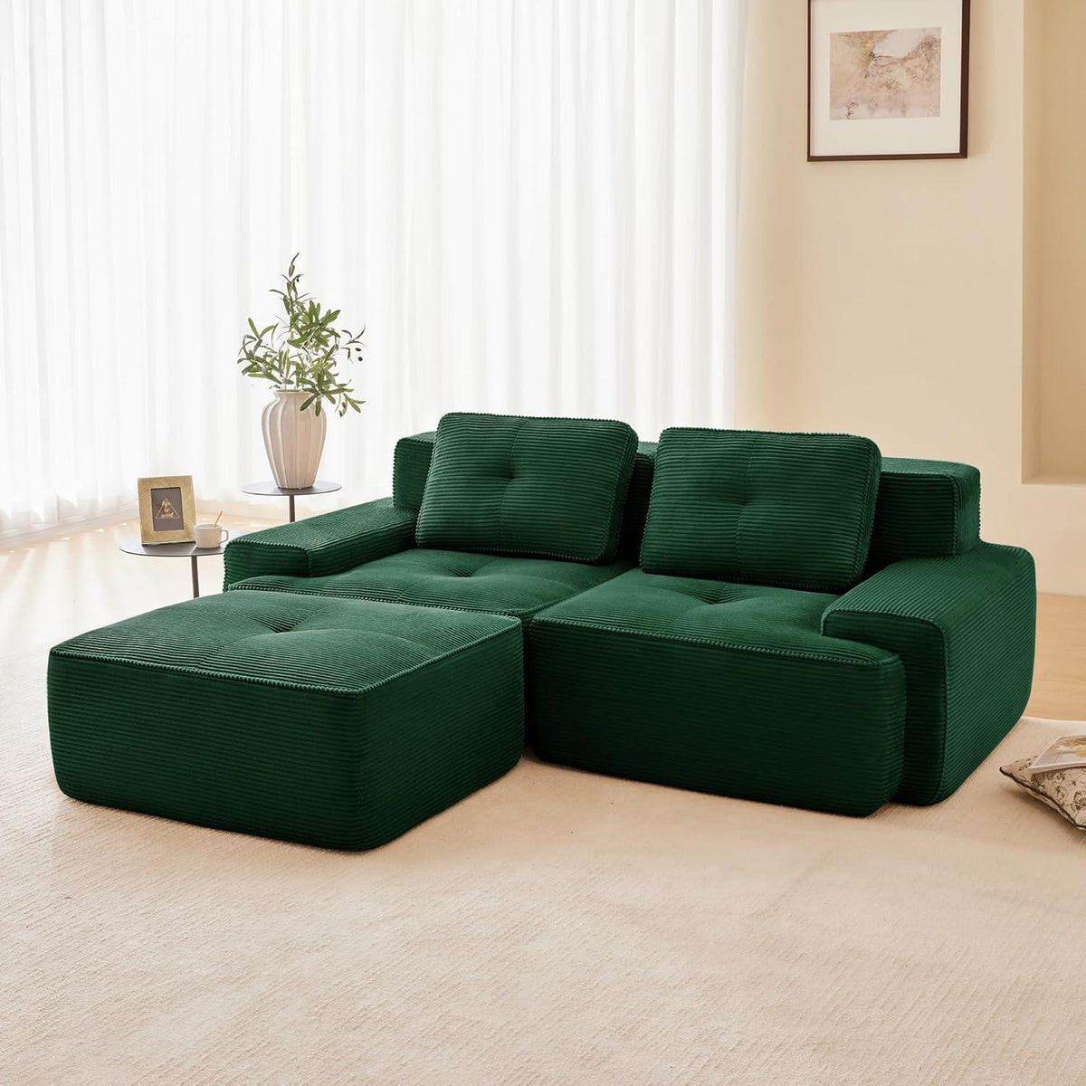 Modularer 2-Sitzer Cord-Sofa mit Hocker – Tiefsitz & Flexibel